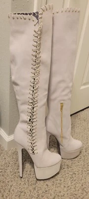 LONDON TRASH CROIX OTK BOOTS 7.5 WHITE SIDE LACING SUEDE WITH DARK BLUE LEATHER - Image 1 of 4