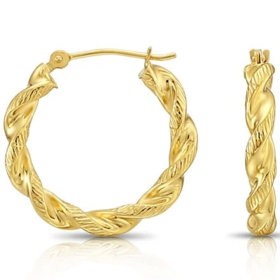 14K Real Solid Yellow Gold Twisted Rope Diamond-Cut Round Chunky Hoop Earrings - Image 1 of 4