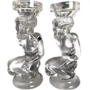 set of 2 clear art glass vintage risque candle holders two nude ladies - Picture 1 of 16