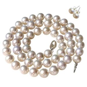 18 Inch SET ROUND 8-9mm White Pearl Necklace Earrings Cultured Freshwater
