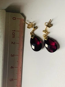 9ct Gold Rhodolite Garnet Faceted Drop Earrings 9k 375 Yellow Gold - Picture 1 of 10