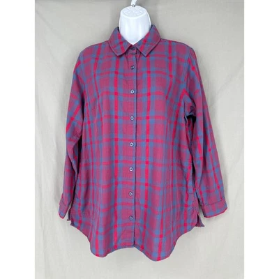 Blusa Joan Rivers Feminina Média Vermelha Xadrez Botão Túnica Bolsos Aconchegante Casual Flowy - Imagem 1 de 4