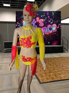 Age 12 Performance Freestyle Lyrical Dance Costume Suit Yellow & Red 2 Piece - Picture 1 of 10