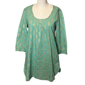 Blusa túnica April Cornell pequeña musgo marino verde dorado metálico Resort Boho - Imagen 1 de 5