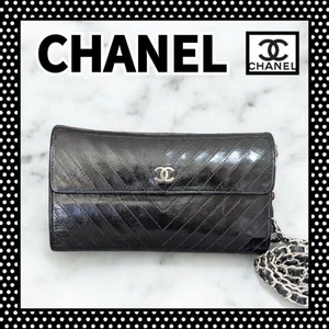 CHANEL V Stitch Tri Fold Long Wallet Chain Shoulder Bag Black Leather Used Japan - Picture 1 of 20