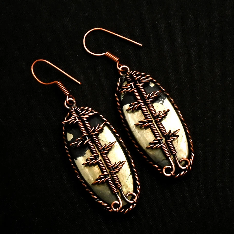 Brincos pendurados em gota de pedra preciosa pirita Apache fio de cobre joias 1,8" AE-12556 - Imagem 1 de 1