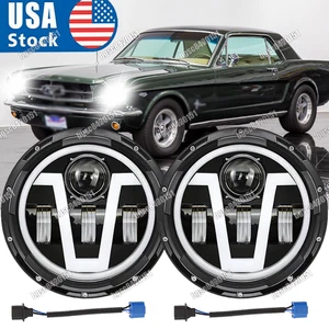 Pair 7 INCH Round Led Headlights Hi/Lo Beam Halo DRL For Ford 1965 -1973 Mustang - Picture 1 of 12