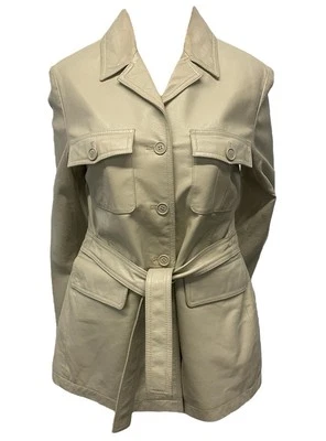 Jaqueta feminina vintage anos 70 cáqui/cinza couro com cinto trincheira safári tamanho 38/pequena - Imagem 1 de 4