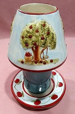 2 Pc Candle Jar Lamp Shade Topper & Plate Country Farm ~ 3D Apple Tree Swing - Image 1 of 4