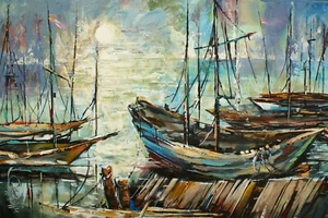 boats ship port dock nautical lake sea ocean original m.lang art painting decor - Picture 1 of 7