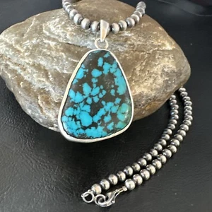 Men Women Navajo Sterling Silver Blue Spiderweb Turquoise Necklace Pendant 16218 - Picture 1 of 12