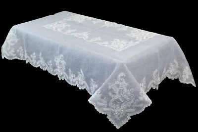 White 72x126'' Beaded Embroidery Organza Tablecloth 12 Napkins Wedding Passover - Image 1 of 4