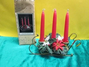 Brass Christmas Sleigh Candle Holder with 3 Candles & Poinsettias ~ 1984 - Picture 1 of 9