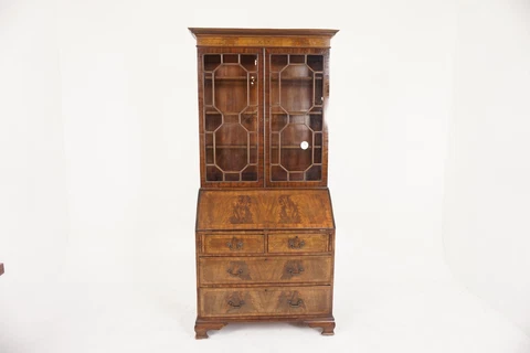 Antique Burr Walnut Inlaid Secretaire/Bureau Bookcase, Scotland 1910, H886 Cover