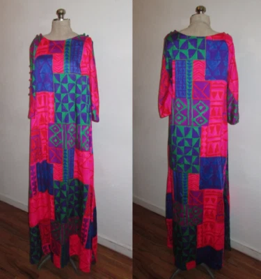 Vestido Caftán Largo Polinesio Hawaiano Boho Hippie Estampado VIbrant Multicolor De Colección Foto 1 de 4