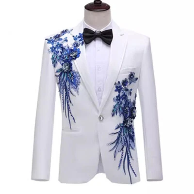 Mens Rhinestone Sequins Floral Coat Jacket Dress Suit Blazer Lapel Party Fashion - Image 1 of 4