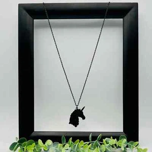Gothic Black Unicorn Necklace, 26" Long Pendant Black Coated Metal Handmade - Picture 1 of 4