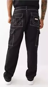 True Religion Jeans Baggy Cargo Pants Jet Black Pockets 34x32 108335 Relaxed - Picture 1 of 4
