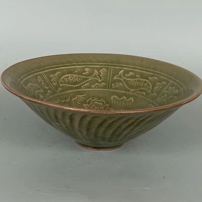 Antiguo horno chino Yaozhou Celadon esmalte craquelado flor tallada pájaro cuenco Foto 1 de 3