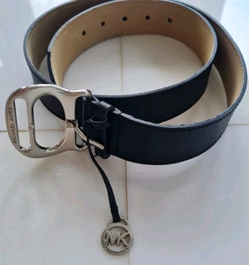 Michael Kors Genuine Belt Leather Black Silver Logo Charm Medium - Picture 1 of 5