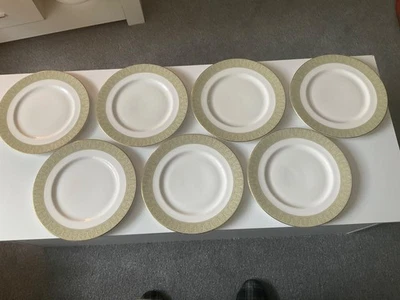 Vintage Royal Doulton Sonnet Gold Green Band H5012 x8 Large Dinner Plates 26.5cm - Image 1 of 4