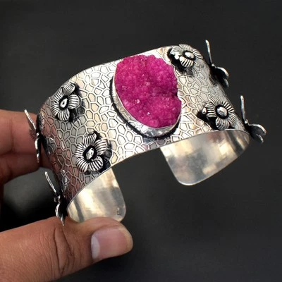 Pink Titanium Druzy Gemstone Handmade Vintage Jewelry Adjustable Bangle SR 183 - Image 1 of 4