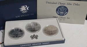 1984 U.S. Mint Olympic Silver Dollar P D & S UNC 3 Coin Set w/ COA & Box - Picture 1 of 6