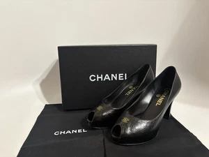 Vtg Chanel Black Leather Stitch CC Logo Peep Toe Heels 36 - Picture 1 of 10