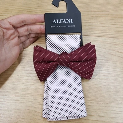 ALFANI Mens Bow Tie Burgundy Stripe Pre-tied & White Polka Dot Pocket Square Set - Image 1 of 4