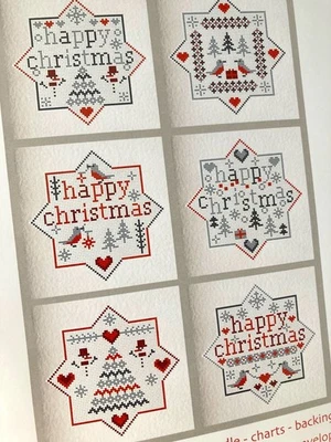 RIVERDRIFT HOUSE Cross Stitch Kit SET 6 CHRISTMAS CARDS Red Stars Scandi Aida 14 Riverdrift