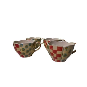 Handgefertigte bunte karierte Blumen handbemalt Italien Kaffeebecher 4er Set - Bild 1 von 10