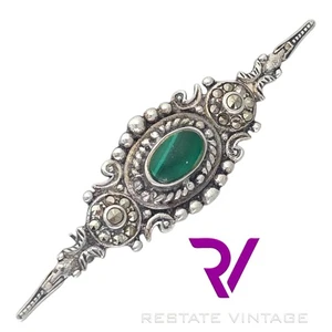 Broche prendedor de barra de plata esterlina y malaquita vintage - Imagen 1 de 7