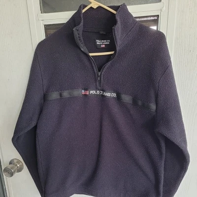 复古 Polo 牛仔裤 Ralph Lauren 1/4 拉链羊毛套衫毛衣男式 Med 黑色 — 第 1/4 张图片