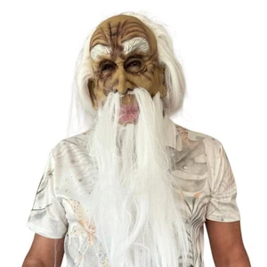 Halloween Mask of Ghoulish Old Man, with Long White Hair, Beard, Fu Manchu & Bus - Foto 1 di 7