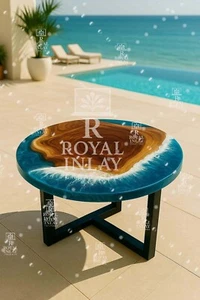 Round Ocean Resin & Wood Table – Handmade Beach Wave Accent – Coastal Decor - Picture 1 of 9