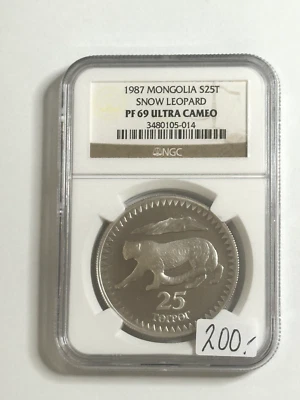 1987 Mongolia 25nTogrog Snow Leopard Silver Coin PF 69 Ultra Cameo NGC - Image 1 of 2