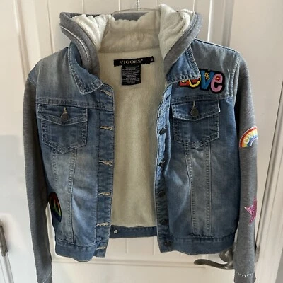 Vigoss Jean Jacket Girls Size 12 Peace Love Theme Faux Fur Lined W/gray Sleeves - Image 1 of 4