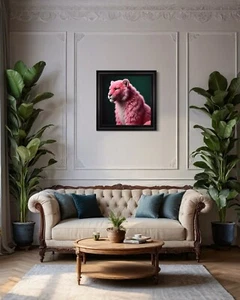 Black Framed Artwork Of A Pink Lioness With A Navy Blue Background Printed - Picture 1 of 7