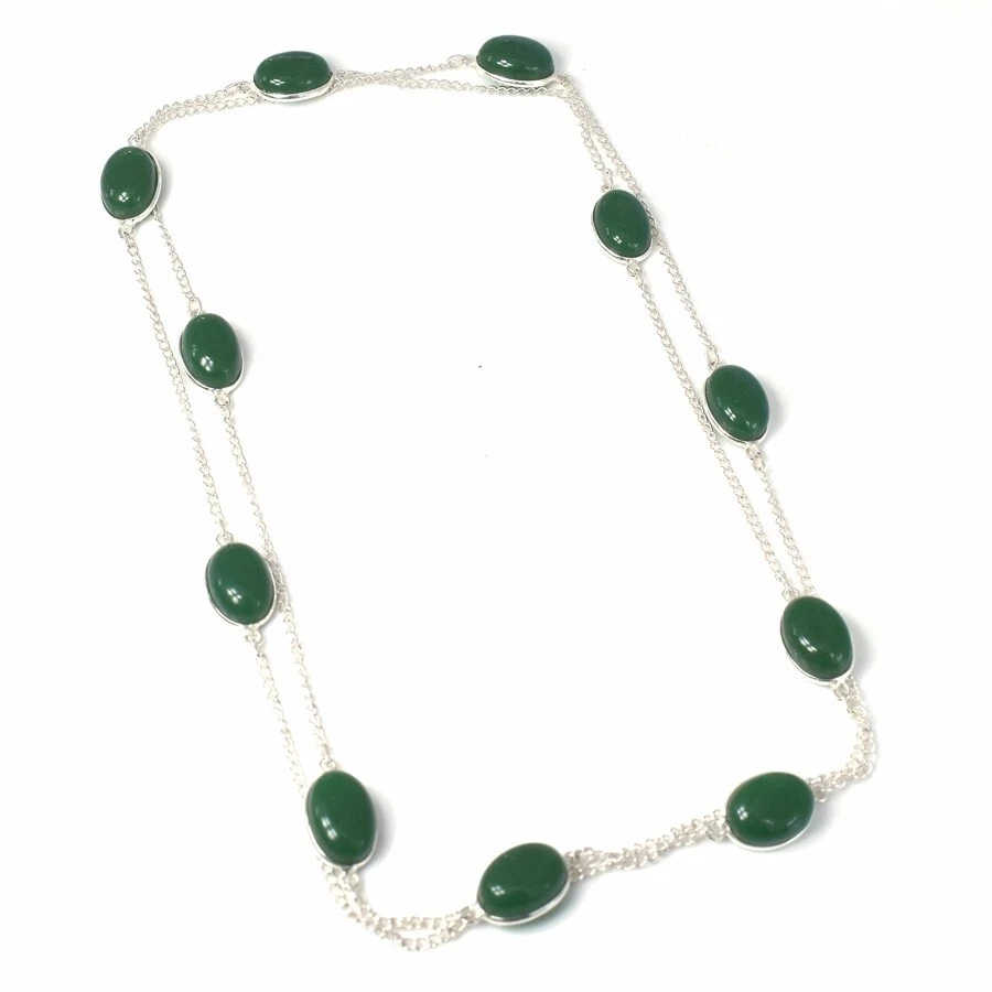 Collar de joyería de plata de ley 925 hecho a mano con piedras preciosas de ónix verde tamaño 36" Foto 1 de 1