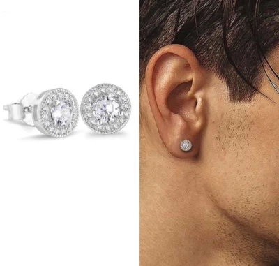 Pendientes de plata esterlina circonita cúbica redondo halo pavé novia regalo J12 Foto 1 de 4