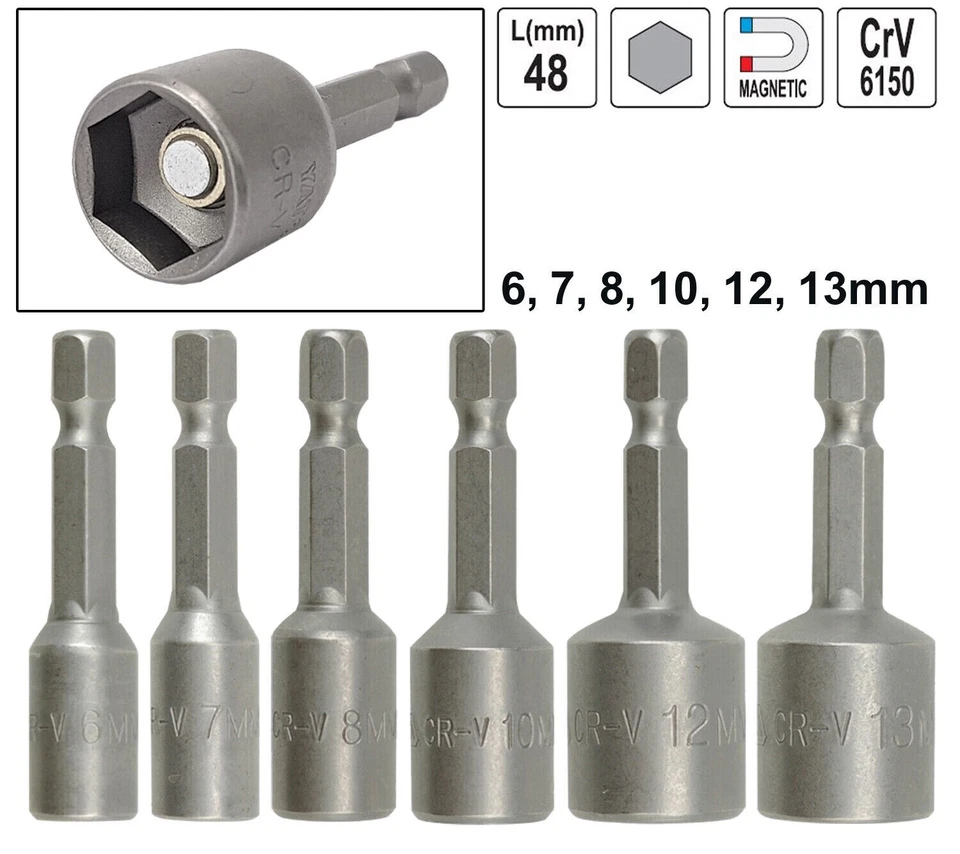 6-er Steckschlüssel Stecknuss Magnet Nuss Bitsatz Bit Set 6-7-8-10-12-13 mm - Bild 1 von 4