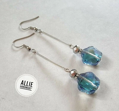 Orecchini donna argento pendenti cristalli argento e azzurri fiore  - Immagine 1 di 2