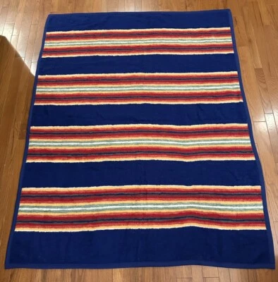 Vintage Ibena Fleece Striped Blanket Throw Blue Red Yellow 80s 90s Turkey - Image 1 of 4