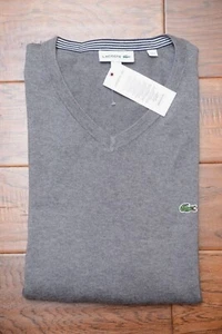 Lacoste AH7003 Men's V Neck Med Gray Tight-Knit Cotton Sweater 3XL EU 8 - Picture 1 of 7