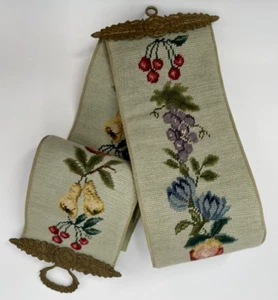 Vintage Green Fruit Themed Needlepoint Tapestry Brass Bell Pull Wall Hanging - Picture 1 of 23