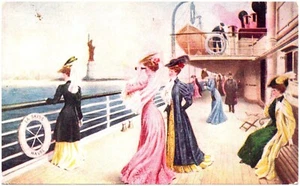 On board Le Savoie Havre, New York Harbor, Statue of Liberty, Ship Deck Ladies - Picture 1 of 2