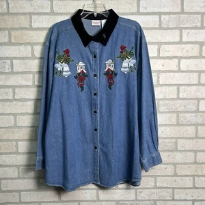 Camisa Bobby Brooks Campanas de Navidad Abotonadas Mujer 22W Azul Denim Bordado - Imagen 1 de 10