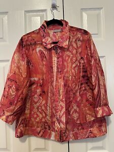 CHICO'S Pink & Orange Spring Summer Sheer Full Zip JACKET Size 3 With Pockets