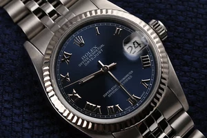 Rolex Datejust 36 mm Blue Roman Dial Stainless Steel Watch Gold Fluted Bezel - Picture 1 of 8