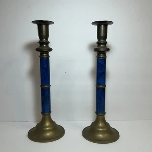 Vintage Andrea von Sadek Messing & blau Kerzenständer Halter Paar Made in Taiwan 10" - Bild 1 von 9